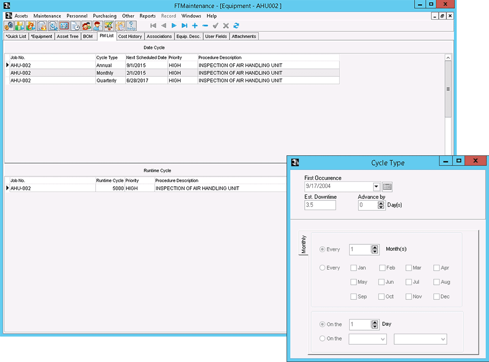 Desktop screenshots showing PM list and cycle type
