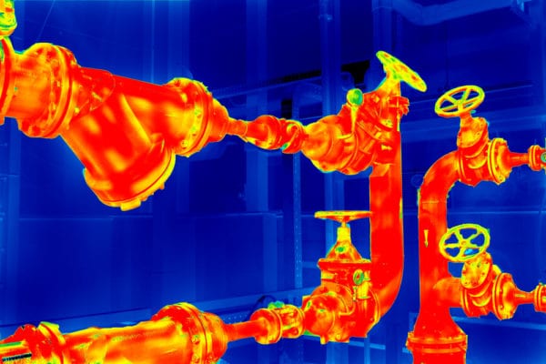 A thermographic image of a pipeline without thermal insulation, being monitoed by a condition-monitoring sensor as part of a predictive maintenance (PdM) program.