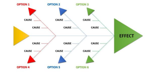 Fishbone diagram, commonly used in root cause analysis, showing possible causes for the stated effect