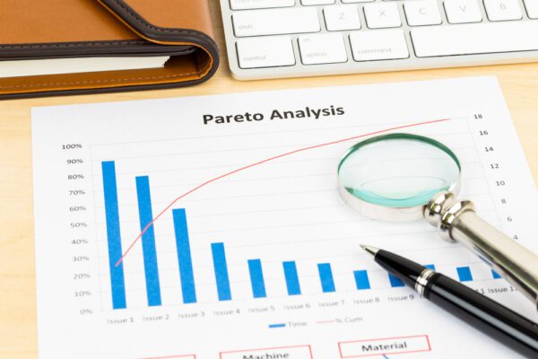 A Pareto chart on a desk with a pen and magnifying glass