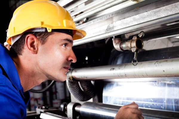 Young male technician inspecting a piece of equipment to observe it in its failed state for the purposes of documenting the failure.