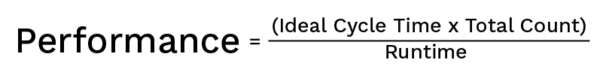 Performance formula for oee calculation – the product of the ideal cycle time times the total count of product divided by total availability