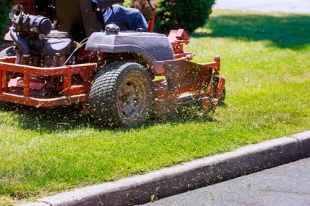 A person on a riding mower do summer maintenance by cutting the lawn.