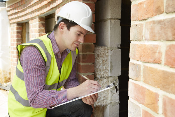 Maintenance technician inspects building exterior and checks off clipboard list as part of fall maintenance.