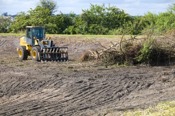 Land, a type of asset, being cleared by a small construction vehicle.