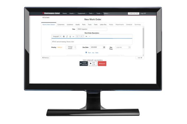 Computerized maintenance management software (CMMS) interface displaying work order management system features on a desktop monitor.