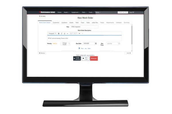 FTMaintenance Select CMMS interface displaying work order management features on a desktop computer.