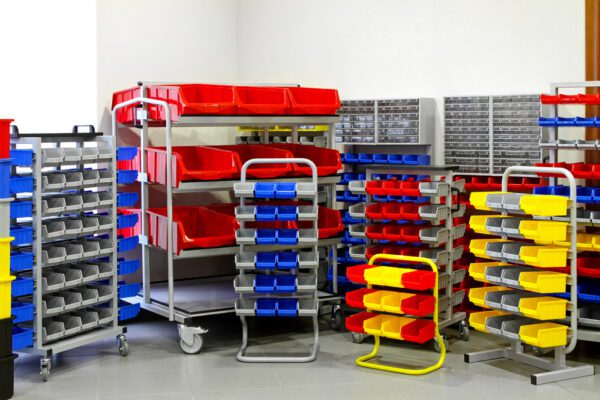 Racks, shelves, and bins in varying sizes and configurations showcasing the numerous varieties of maintenance storeroom inventory storage solutions.