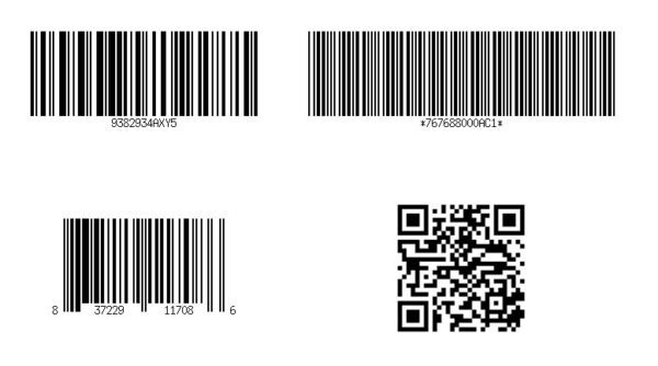 Examples of 1D and 2D barcodes, including Code 128, Code 39, UPC, and QR