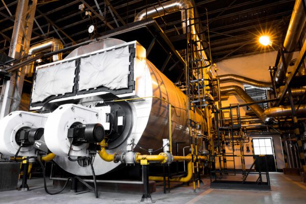 An industrial boiler in a building interior, managed using risk-based maintenance