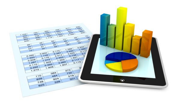 Paper spreadsheet, tablet, and graphs representing maintenance budgeting and financial analysis