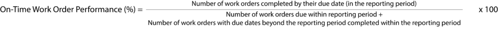 A formula for calculating on-time work order performance, accounting for work orders completed before and after the report period.