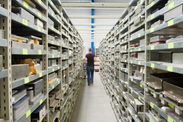 A technician walking through a maintenance storeroom with spare parts on metal shelves