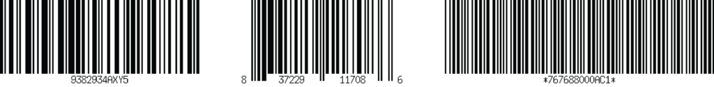 Examples of 1-dimensional barcodes – Code 128, UPC, and Code 39
