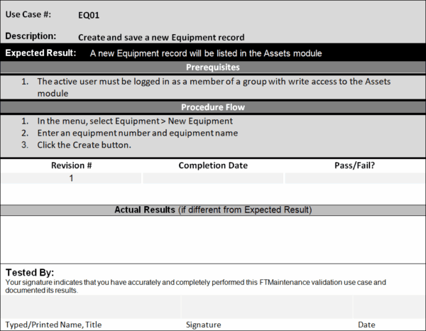 An example use case to be tested during the CMMS software validation process.