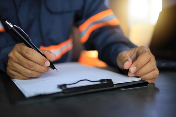 Close up shot of a technician documenting maintenance work manually on a clip board, representing traditional maintenance tracking.