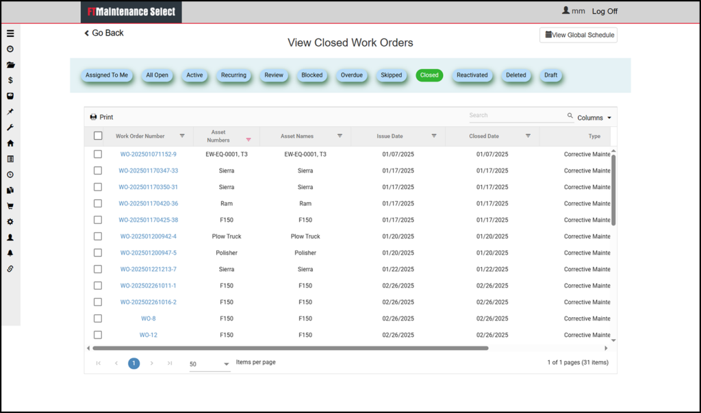 FTMS - Closed Work Orders - Border FTMaintenance Select View All Work Orders page, filtered to closed work orders