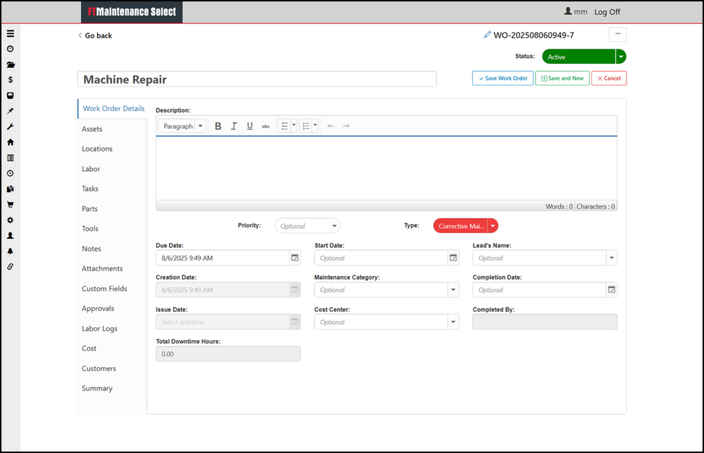 FTMS - New Work Order - Border FTMaintenance Select New Work Order page