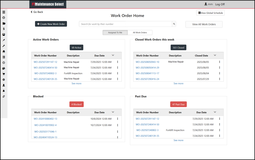 FTMS - Work Order Home - Border FTMaintenance Select Work Order Home page