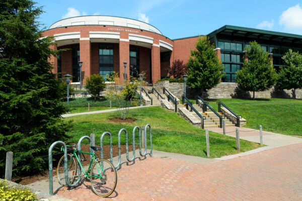 Brick university bookstore building exterior.