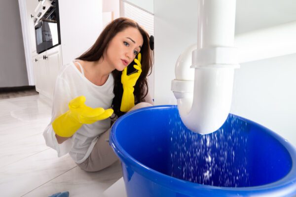 Medium shot of a distressed young woman on the phone looking at a leaking sink drain pipe.