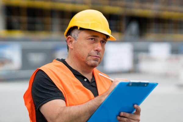 Senior maintenance manager holding a clipboard and recording equipment data to help evaluate an asset’s maintenance needs.