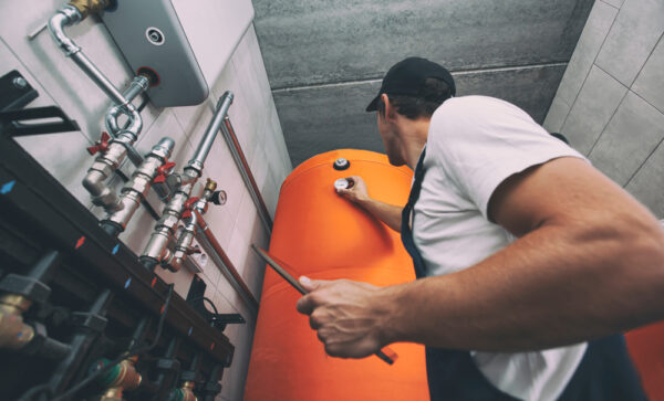 Low angle shot of property maintenance technician performing inspection in a boiler room