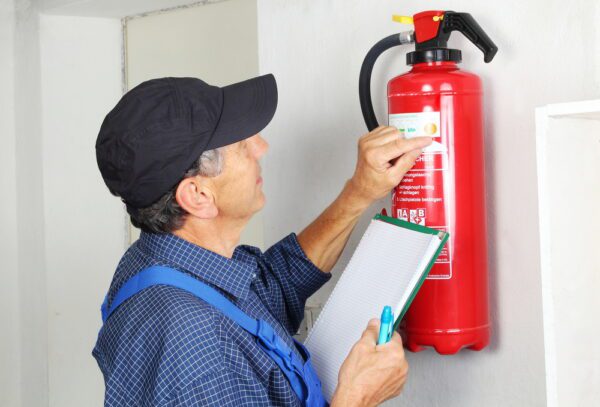 Senior safety technician doing monthly, time-based maintenance inspection of fire safety equipment like fire extinguishers.